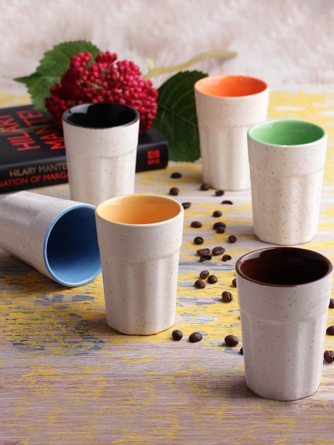 

VarEesha Multicoloured & White 6-Pieces White Matt Tumblers with Multicolored Detail, Multi