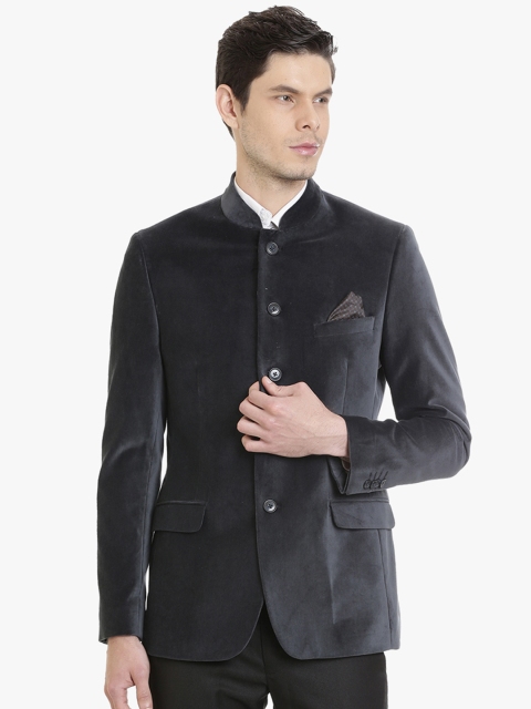 

SUITLTD Men Charcoal Grey Single Velvet Breasted Bandhgala