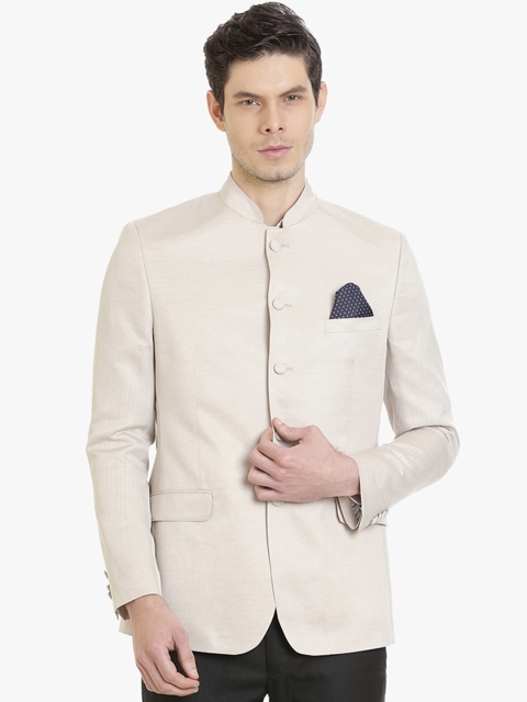 

SUITLTD Men Beige Solid Slim Fit Bandhgala Blazer