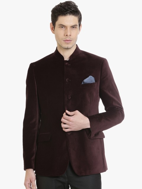 

SUITLTD Men Maroon Solid Single Breasted Velvet Bandhgala