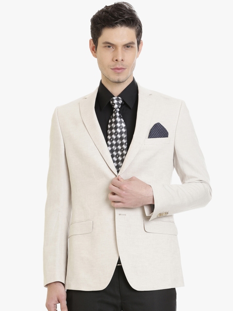 

SUITLTD Men Cream-Coloured Solid Slim Fit Single Breasted Formal Linen Blazer