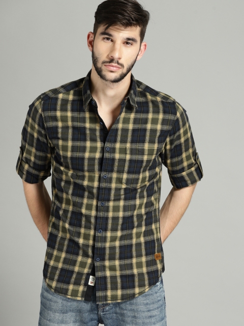 

Roadster Men Navy & Olive Green Regular Fit Checked Casual Shirt, Navy blue