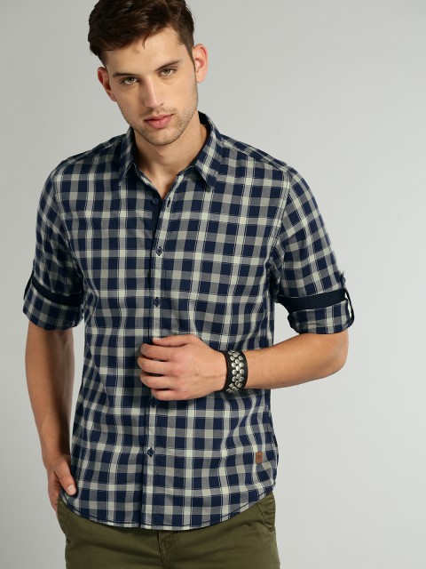 

Roadster Men Navy & Grey Regular Fit Checked Casual Shirt, Navy blue
