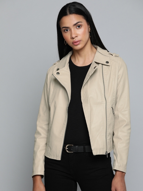 

Chemistry Women Beige Solid Biker Jacket