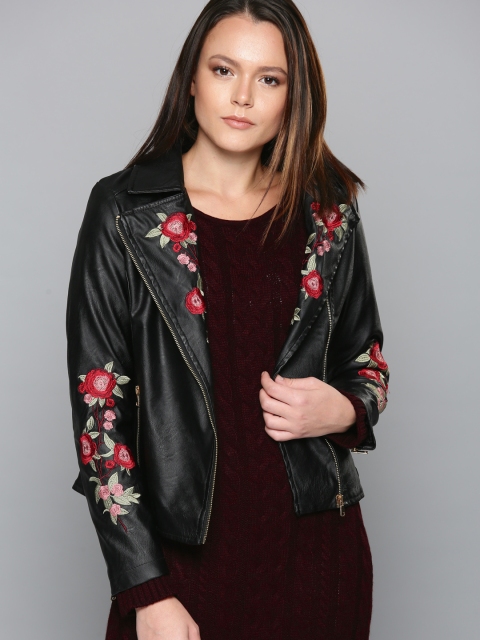 

Chemistry Women Black Embroidered Biker Jacket