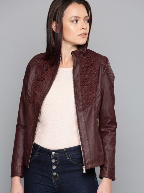 

Chemistry Women Burgundy Self Design Biker Jacket