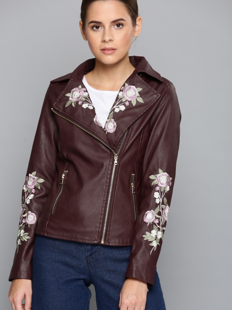 

Chemistry Women Burgundy Embroidered Biker Jacket