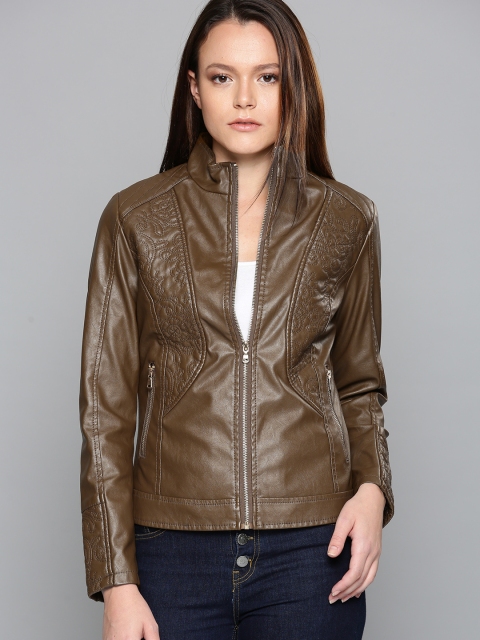 

Chemistry Women Brown Solid Biker Jacket