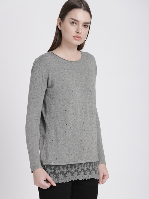 

Chemistry Women Grey Embellished Lace Trim Sweater