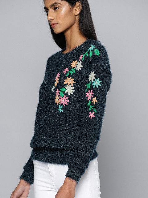 

Chemistry Women Navy Blue Floral Embroidered Sweater