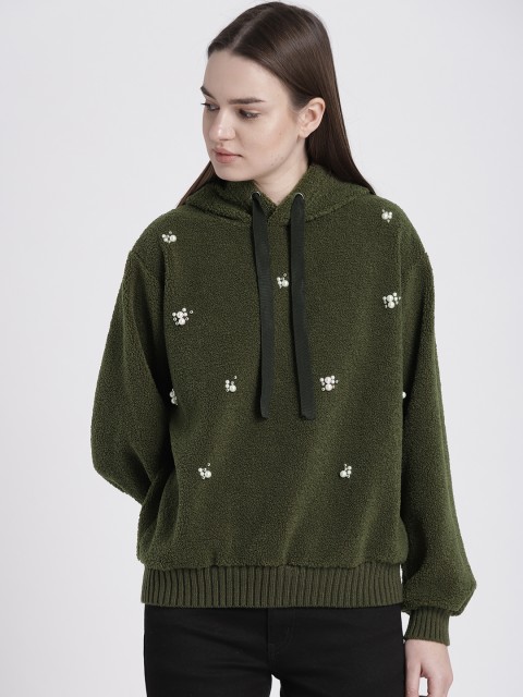 

Chemistry Women Olive Green Hooded Embellished Sweatshirt