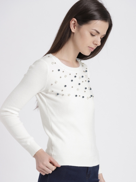 

Chemistry Women White Solid Embellished Pullover