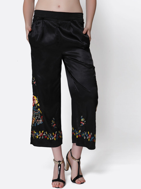 

aaliya Women Black Embroidered Cropped Parallel Trousers