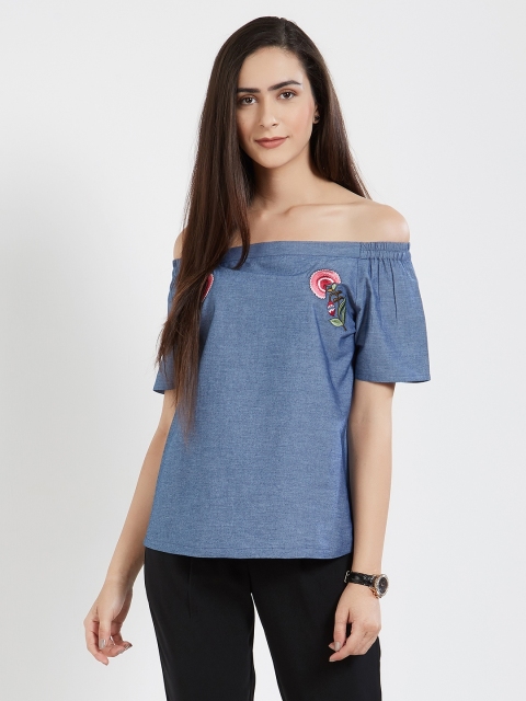 

Soie Women Blue Solid Bardot Top