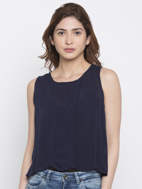 

Globus Women Navy Blue Solid Boxy Top