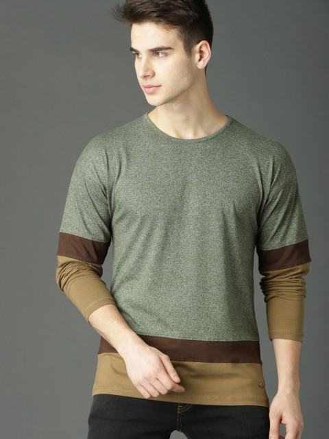 

Roadster Men Green & Khaki Colourblocked Round Neck T-shirt