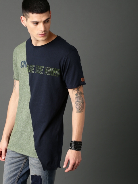 

Roadster Men Navy Blue & Green Printed Colourblocked Longline T-shirt