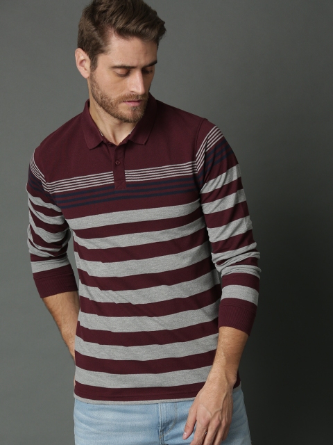 

Roadster Men Burgundy & Grey Melange Striped Polo Collar T-shirt