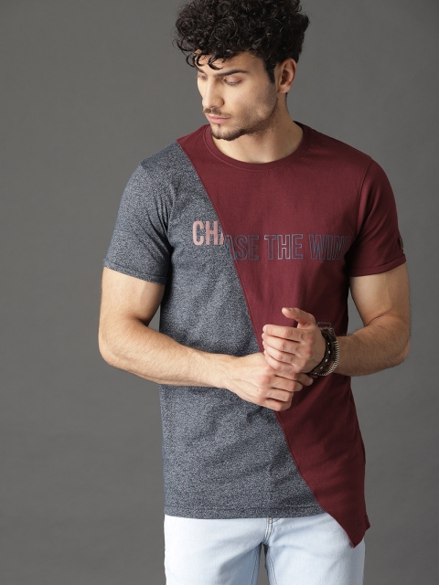 

Roadster Men Maroon & Navy Blue Textured Colourblocked Round Neck T-shirt