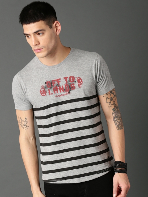 

Roadster Men Grey & Black Striped T-shirt