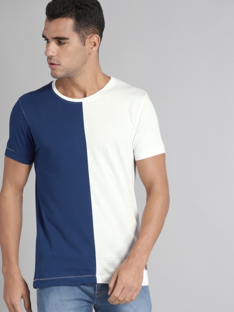 

Roadster Men White & Blue Colourblocked Round Neck T-shirt