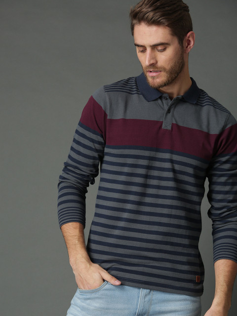 

Roadster Men Navy Blue & Maroon Striped Polo Collar T-shirt
