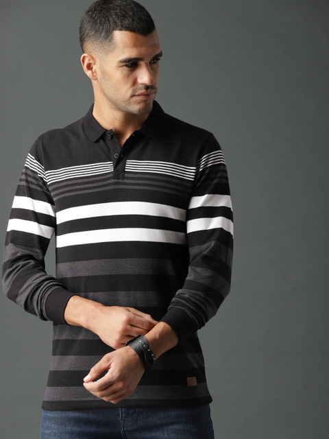 

Roadster Men Black & White Striped Polo Collar T-shirt