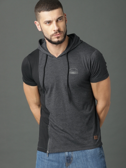 

Roadster Men Charcoal Grey & Black Colourblocked Hooded T-shirt