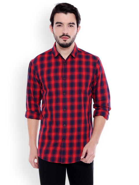 

Dennis Lingo Men Red & Navy Blue Slim Fit Checked Casual Shirt