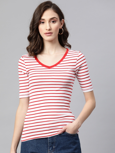 

Marks & Spencer Women White & Red Striped V-Neck Pure Cotton T-shirt