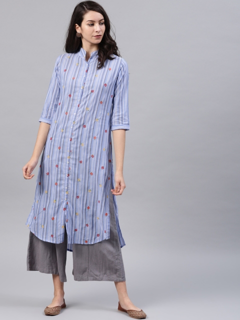 

Vishudh Women Blue & Grey Striped Straight Kurta