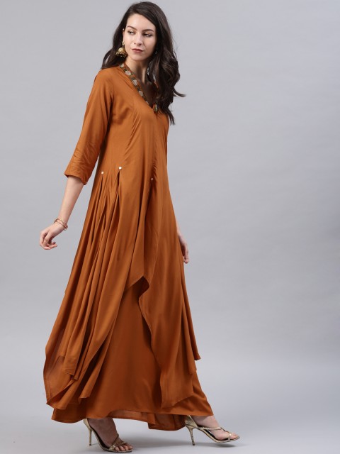 

Vishudh Women Rust Brown Solid Layered Maxi Dress