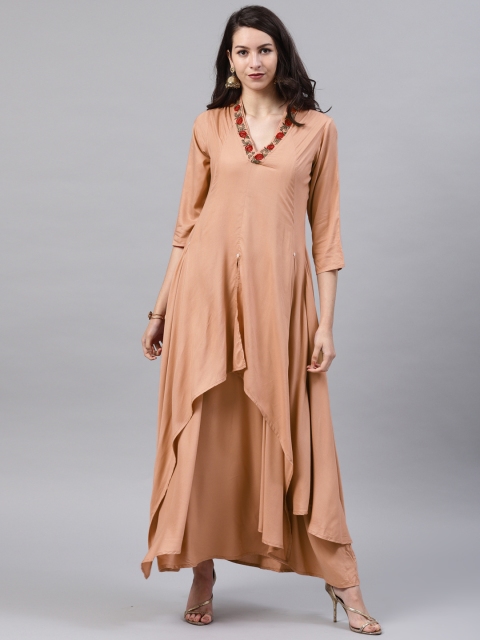 

Vishudh Women Nude-Coloured Solid Layered Maxi Dress