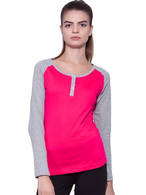 

appulse Women Pink & Grey Solid Henley Neck T-shirt
