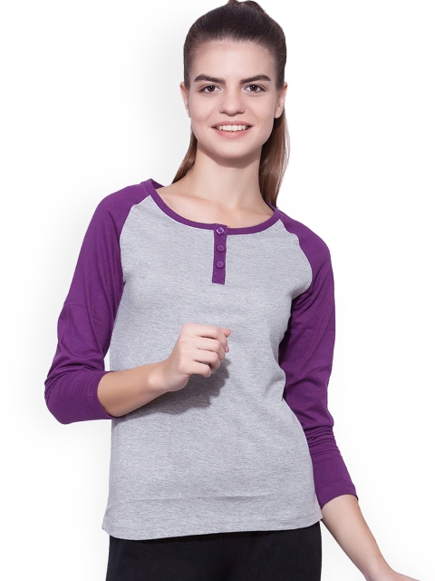 

appulse Women Grey Melange & Purple Solid Henley Neck T-shirt
