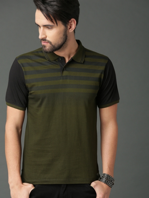 

Roadster Men Olive Green & Charcoal Grey Striped Polo T-shirt