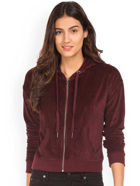 

Aeropostale Women Burgundy Solid Hooded Sweatshirt