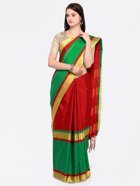 

Kvsfab Red & Green Colourblocked Saree