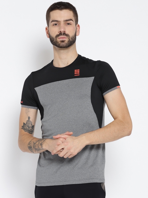 

rock.it Men Grey Melange & Black Colourblocked Round Neck Training T-shirt