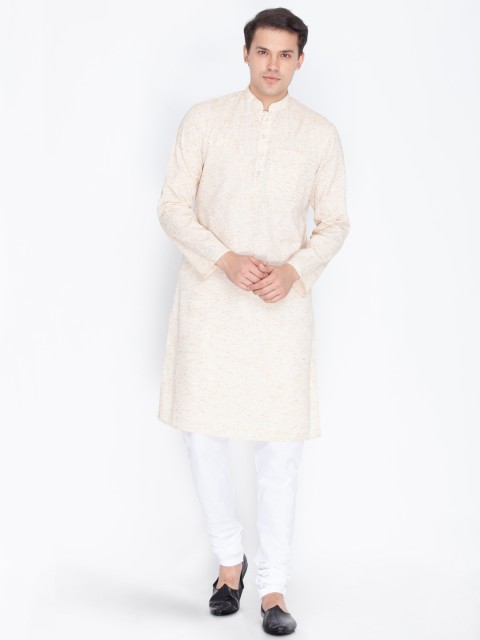 

VASTRAMAY Men Beige & White Linen Solid Kurta with Pyjamas