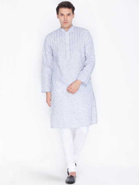 

VASTRAMAY Men Linen Blue & White Solid Kurta with Churidar