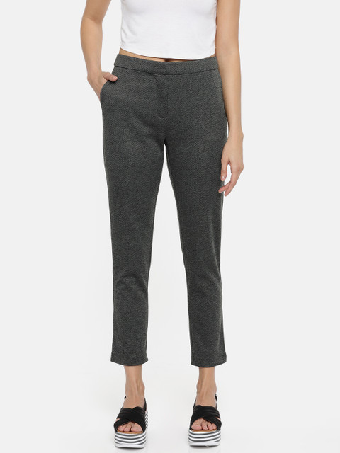 

ether Women Black Regular Fit Self Design Regular Trousers