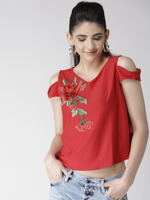 

Madame Women Red Self Design Cold-Shoulder A-Line Top