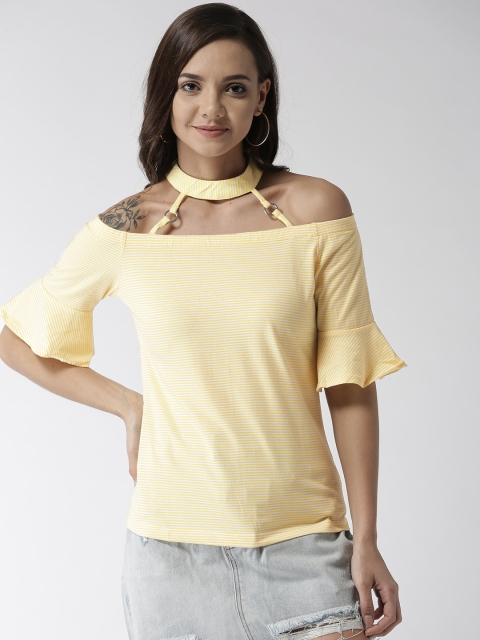 

Madame Women Yellow & White Striped Bardot Top