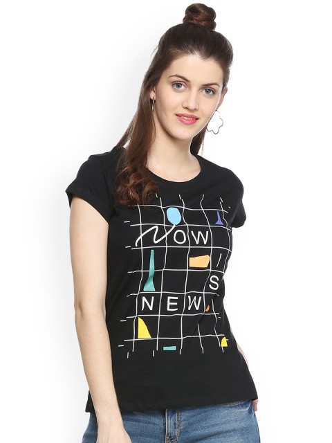 

People Women Black Printed Round Neck T-shirt