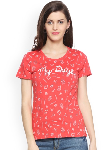 

People Women Coral Red Printed Round Neck T-shirt