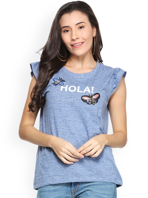 

People Women Blue Printed Round Neck T-shirt