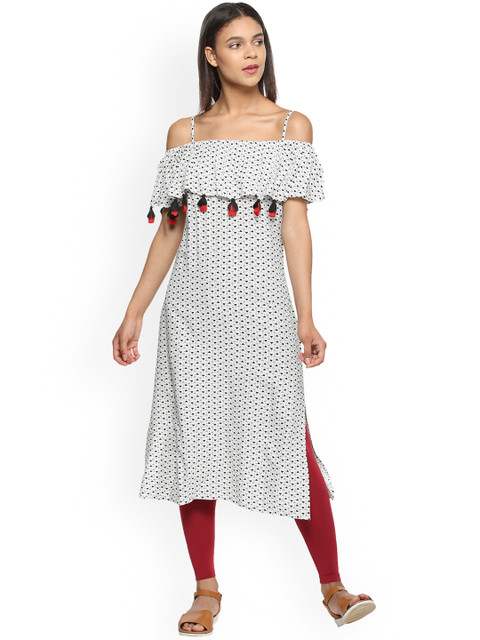 

People Women White & Navy Blue Printed Straight Kurta
