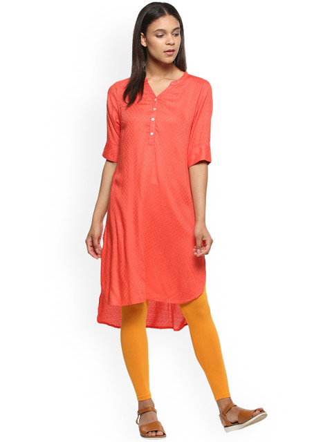 

People Women Orange Woven Design Straight Kurta