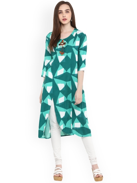 

Evam Women Green & Turquoise Blue Printed Straight Kurta